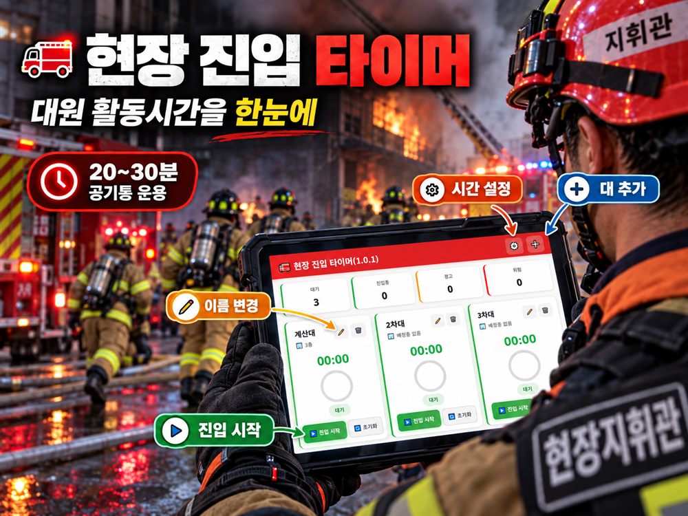 현장지휘관이 태블릿으로 현장 진입 타이머를 확인하는 모습