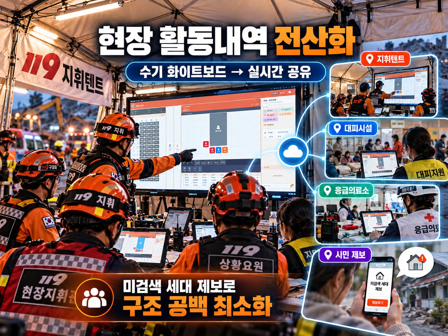 지휘텐트·대피시설·응급의료소에서 SafeCheckBoard로 현장 활동내역을 실시간 공유하는 모습